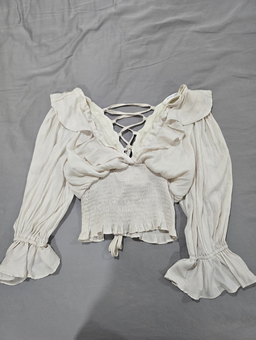 Mustard Seed Ivory Ruffled Smocked Crop Top with Lace-Up Back